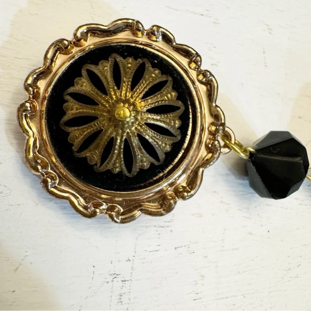 Long Black Gold Dangle Drop Clip On Earrings Statement Vintage Plastic Acrylic